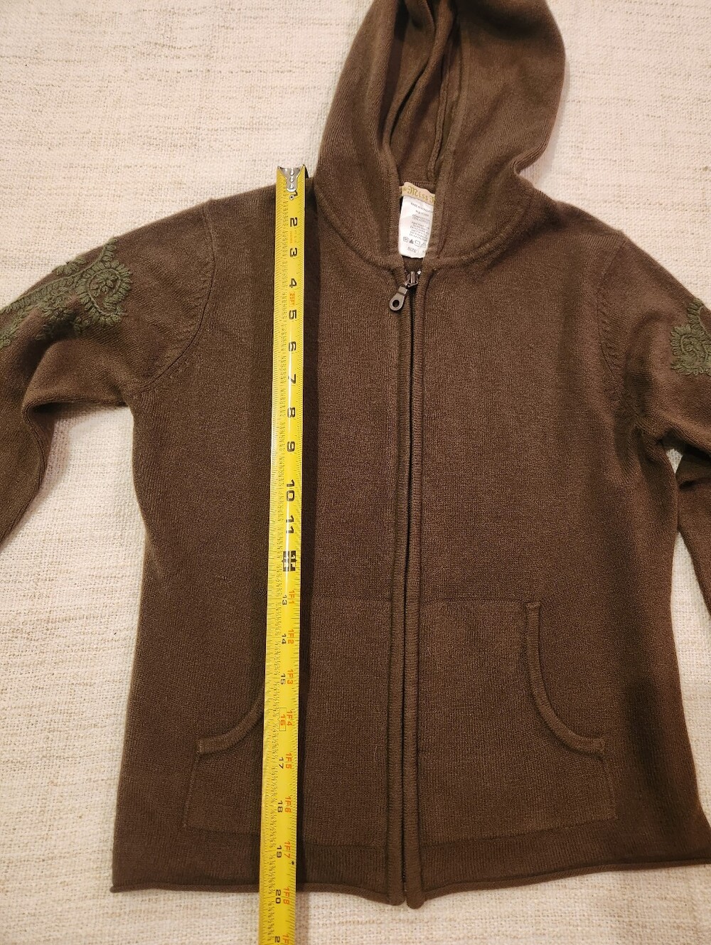 Miss Me Brown Hooded Zip Sweater with Green Embroidered Detail - Picture 7 of 8